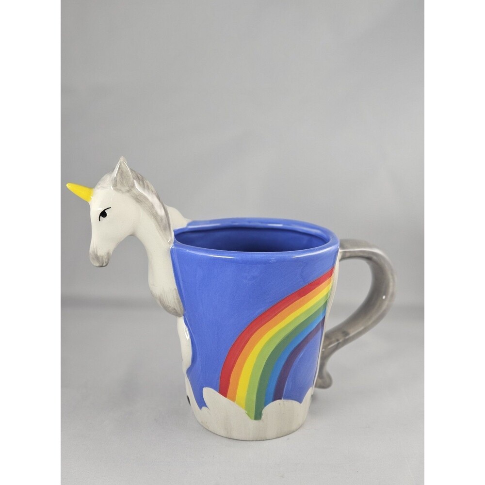THINKGEEK 16 oz. 3D Unicorn Rainbow Ceramic Coffee Mug 2016 Hand Painted Rare